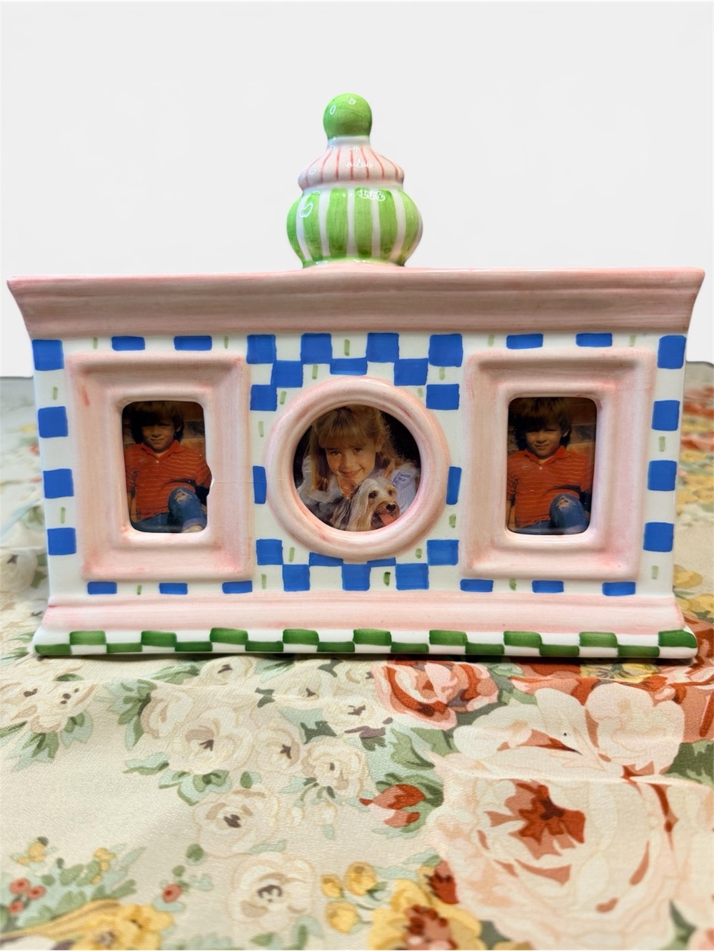 Vintage Hand-Painted Ceramic Triple Photo Frame | Cottagecore Y2K Nursery Decor
